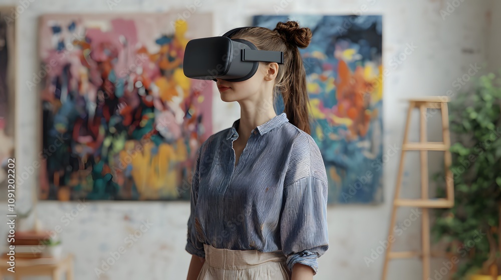 Fototapeta premium A woman wearing a VR headset stands in an art studio filled with colorful paintings, highlighting the intersection of technology and creativity.