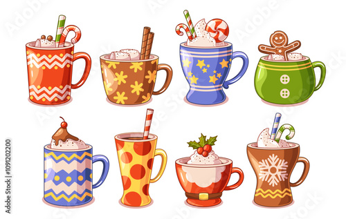 Christmas hot drinks with marshmallows, sweet whipped cream, cinnamon in cups and mugs set