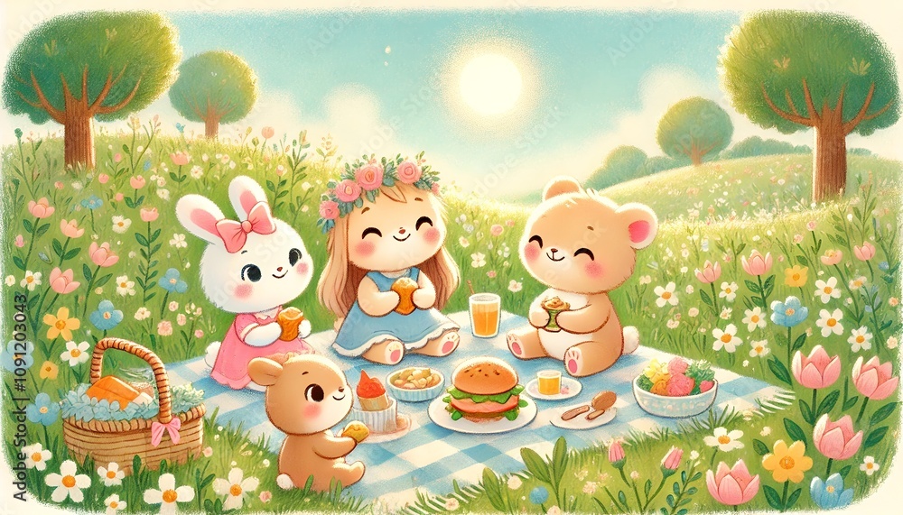 Fototapeta premium A Heartwarming Spring Picnic: Animal Friends Sharing Food and Laughter in a Sunny Flower Meadow