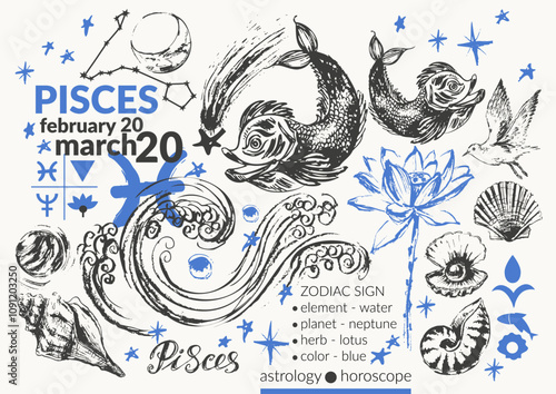 Hand drawn pisces zodiac sign illustration, horoscope background with astrology symbols and talismans