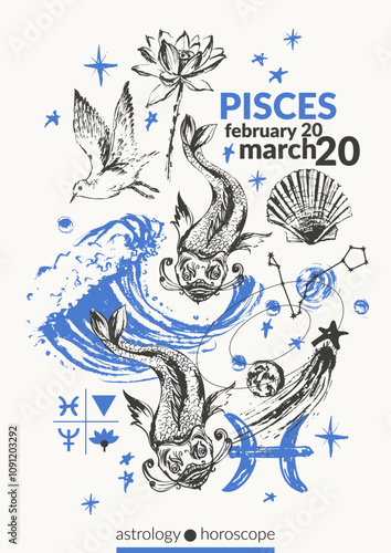 Hand drawn pisces zodiac sign illustration, horoscope background with astrology symbols and talismans.