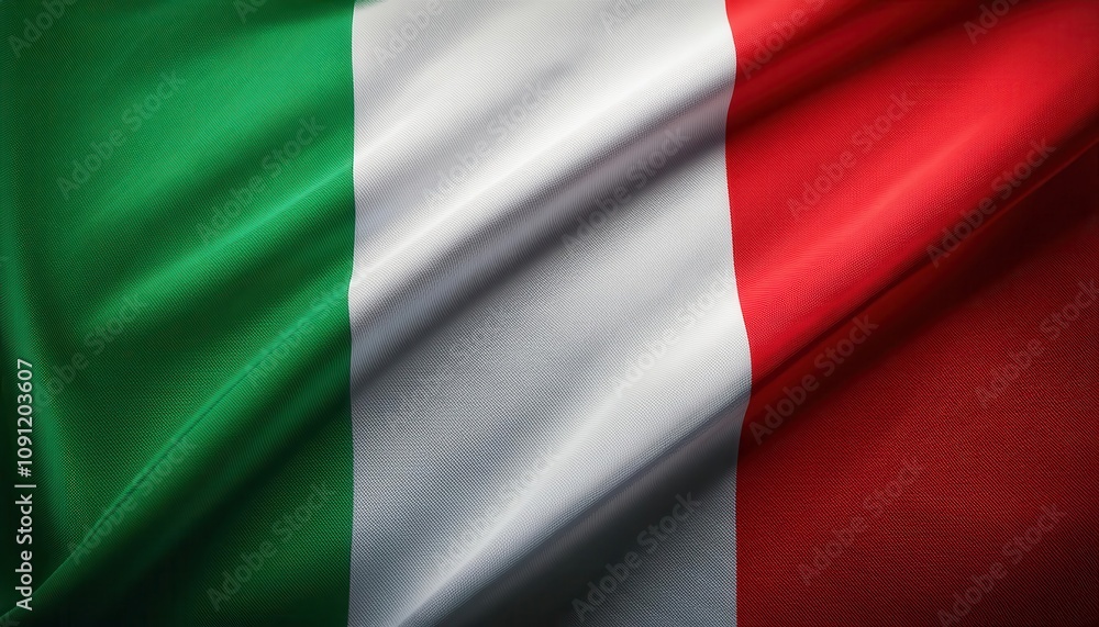 Obraz premium Vivid Representation of the Italian Tricolor Flag. Celebrating Italy's National Identity, Historical Significance, and Cultural Legacy Through the Iconic Green, White, and Red Stripes in Elegant Fabri