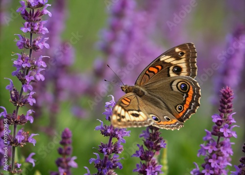 A North American Buckeye Butterfly Displaying Intricate Eyespots in a Vibrant Field of Purple Flowers Capturing the Essence of Nature's Surreal Beauty photo