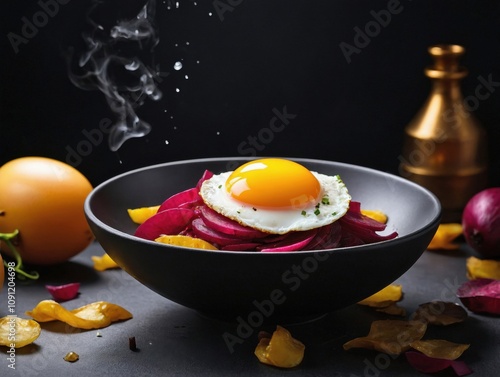 Pyttipanna plated in a shallow, matte black bowl photo