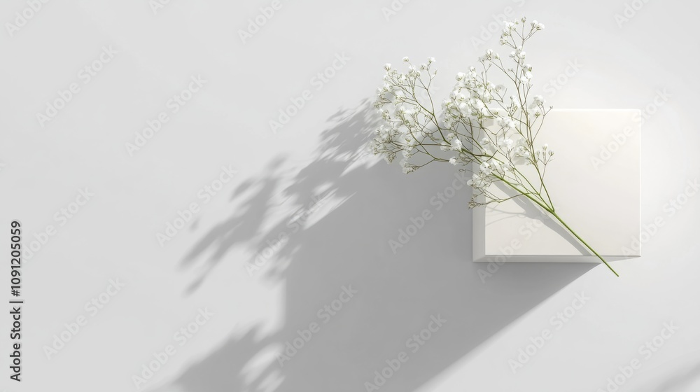 Obraz premium Top view of a white gift box with a sprig of gypsophila flower, minimalist and elegant generative ai