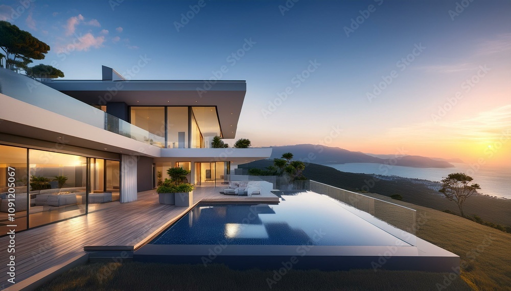 Fototapeta premium Modern Luxury Villa with Infinity Pool and Scenic Views