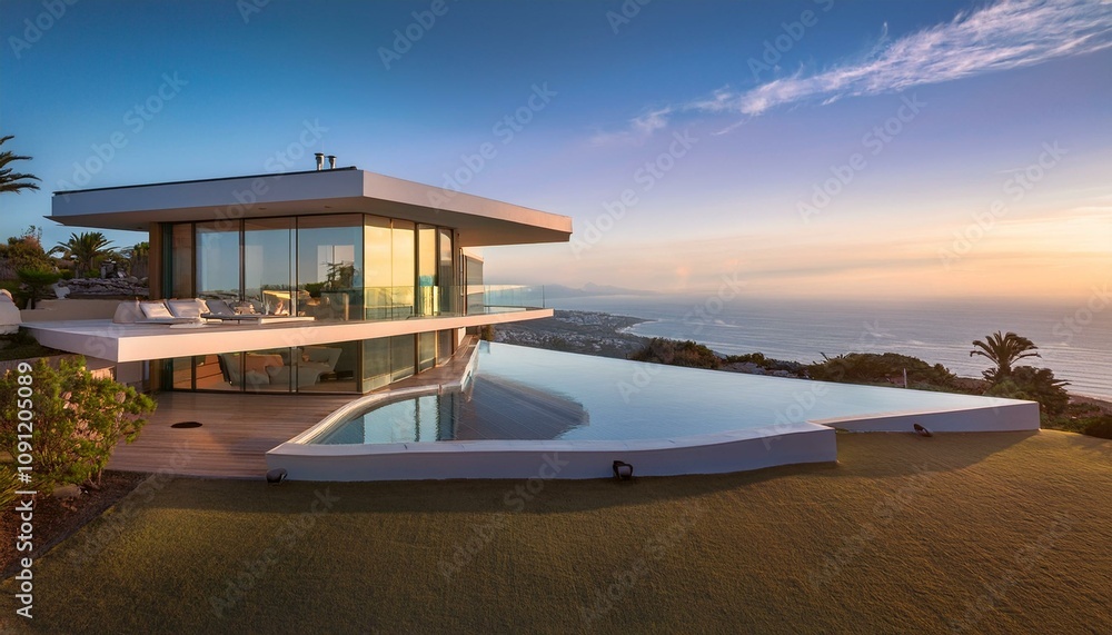 Fototapeta premium Modern Luxury Villa with Infinity Pool and Scenic Views