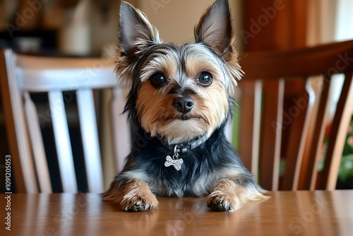 Yorkshire terrier sitting on the chiar photo