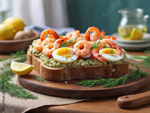 A Räksmörgås arranged on a slice of rustic rye bread, topped with shrimp, egg slices, and dill, with a lemon wedge on the side. photo