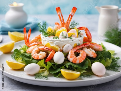 A Räksmörgås served on a white ceramic plate, featuring layers of fresh shrimp, sliced boiled eggs, crisp lettuce, and a dollop of mayonnaise. photo