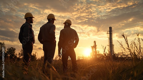 Engineers in hard hats, inspecting biofuel plant, clean and sustainable