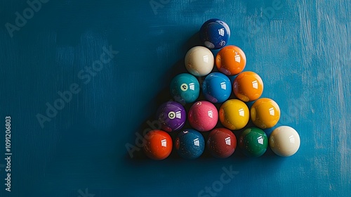 Colorful billiard balls arranged in a triangle shape photo