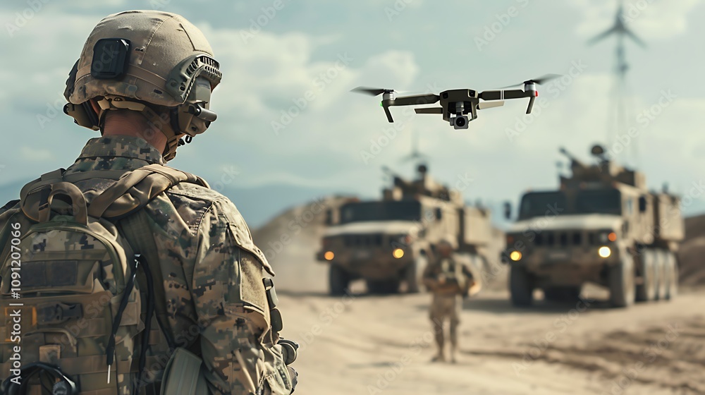 Fototapeta premium A soldier monitors a drone in a military setting with vehicles in the background.