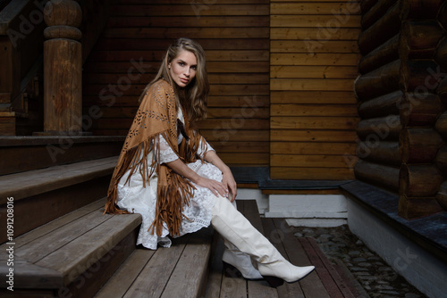 A young girl poses in a boho wedding dress, cowboy boots, a cowboy hat, and a denim jacket.