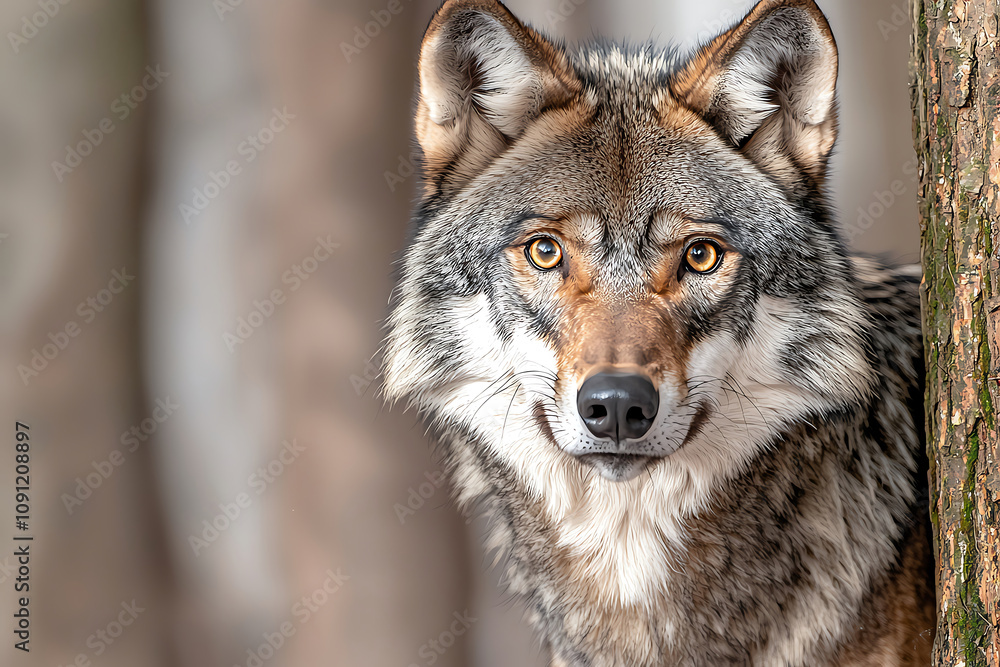 Fototapeta premium Striking big eyes and deep expression. close up of wolf with intense eyes, showcasing its thick fur and alert expression in natural forest setting. wolf gaze is captivating.