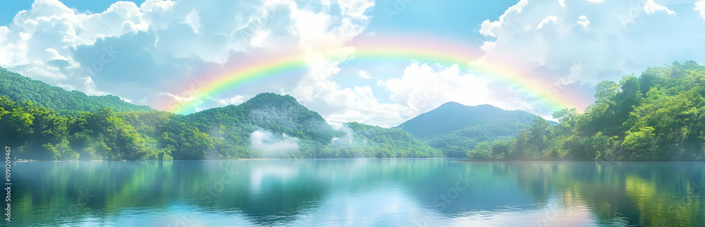 Rainbow Background Landscape and Image - A serene landscape featuring a rainbow over a tranquil lake surrounded by mountains and trees. Rainbow Background Landscape and Image - A serene landscape featuring a rainbow over a tranquil lake surrounded by mountains and trees.
