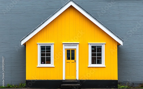 A cheerful yellow house standing alone in a neighborhood of gray, uninspiring homes, representing the power of uniqueness and individuality in real estate photo