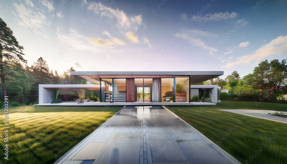 Fototapeta premium Scenic A-Frame Cabin: Modern Winter Escape by the Stream