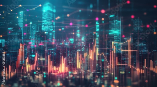 Wallpaper Mural A digital cityscape with data visualizations and graphs representing technology and analytics. Torontodigital.ca