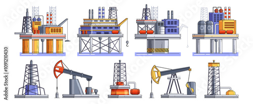 Oil rigs, derricks and gas mining plants land and water platform isolated set on white background