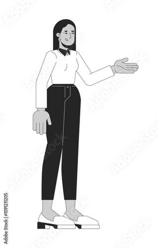 Positive arab woman pointing aside black and white 2D line character. Middle eastern female company manager presenting products isolated vector outline person. Monochromatic spot illustration