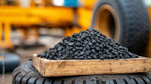rubber natural tires concept, A pile of black gravel sits on a wooden tray, resting on a tire, with construction machinery blurred in the background.