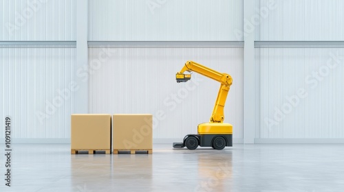 rubber natural tires concept, A robotic arm lifts a box in a spacious warehouse, showcasing automation and modern logistics in a clean, industrial setting.