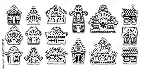 Christmas gingerbread houses homemade cookies black-and-white design isolated xmas sweets set