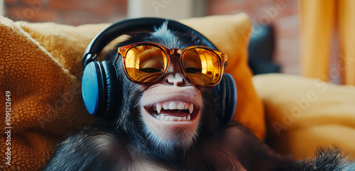 A cheerful monkey lounging on a couch, wearing stylish sunglasses and headphones, enjoying a relaxed moment