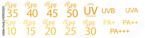 set of simple flat SPF sun protection icons designed for sunscreen packaging, highlighting UV skin protection. Vector illustration.