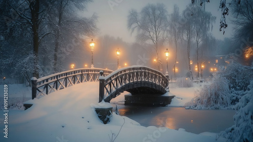 Snowy Bridge with Streetlights and Foggy Winter Landscape