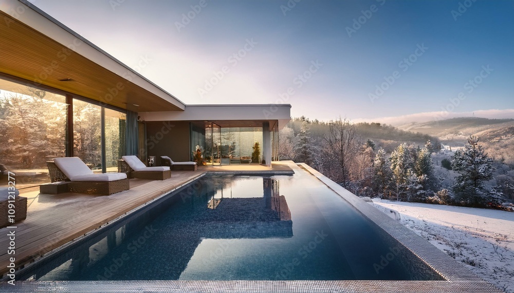 Fototapeta premium Modern Luxury Villa with Infinity Pool and Scenic Views Big Natur garden Forset at the background Winter