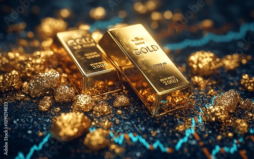 A striking image of gold bars and nuggets with a rising stock market chart, symbolizing the flourishing value of gold in the global financial market photo