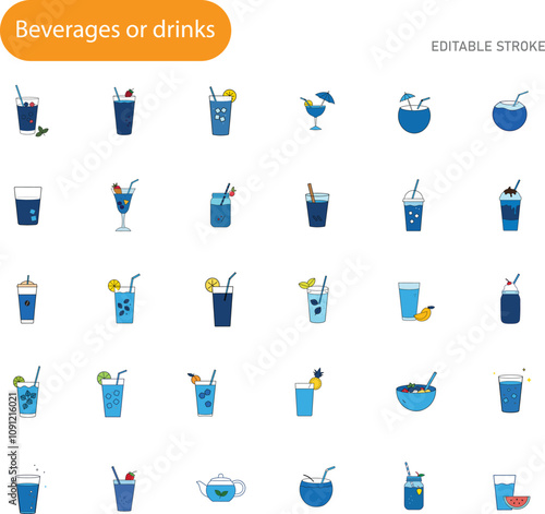 Refreshing Blue Beverages Summer Drinks Icon Collection Set