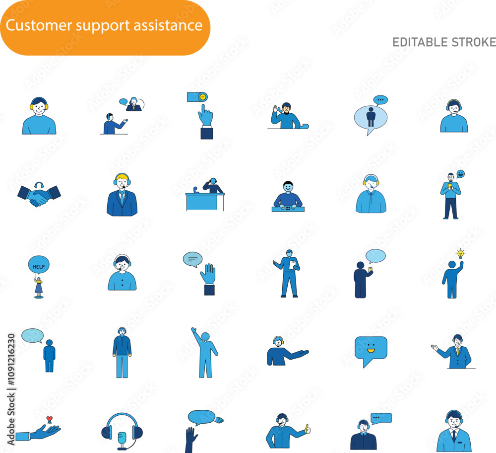 Fototapeta premium Customer Support Assistance Icons Help, Service, Agents, Communication, Technology