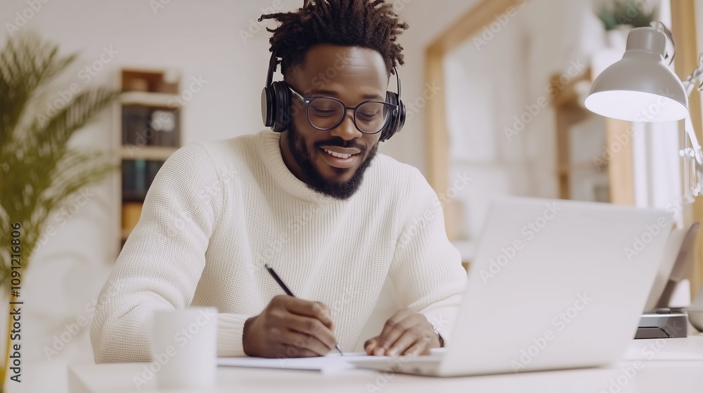 A cheerful young black man works with headphones and glasses at a cozy desk with a modern laptop. A man with headphones smiles while writing at his desk. Listening to music during productivity work. A cheerful young black man works with headphones and glasses at a cozy desk with a modern laptop. A man with headphones smiles while writing at his desk. Listening to music during productivity work.