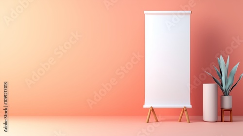 Blank roll-up banner mock-up with potted plant against soft orange wall. A blank rollup banner mockup stands against a softly colored wall, next to a potted plant, ideal for presentations.