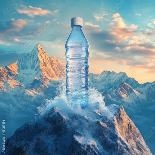 Water bottle on icy mountain with dramatic sunrise