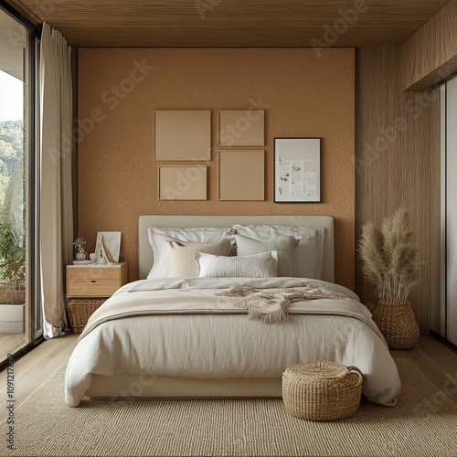 Modern sustainable bedroom with corkboard and bed photo