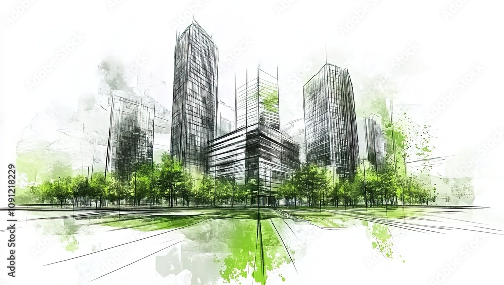 Fototapeta premium A sketch of modern office buildings with green spaces and energy-efficient features, set against an urban landscape.