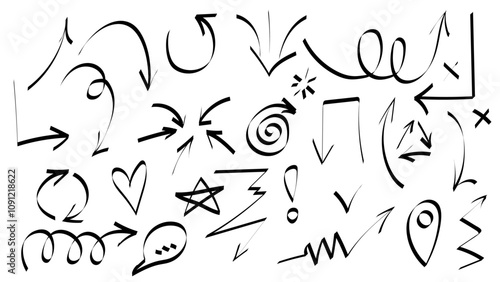 Arrows set. Business Plan Infographics Arrows Showing Growth, Ups and Downs. Indicators of the way, the movement. Graphics Illustration Signs. Flat Hand Drawn Comic Doodle Cursors. Black Icon Bolts. 