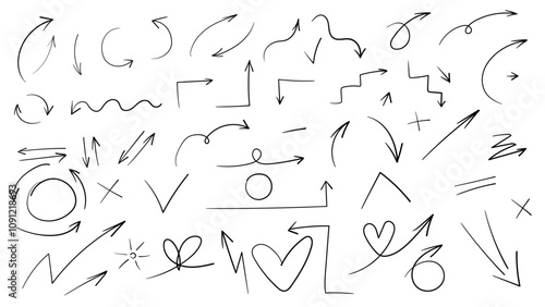 Arrows set. Business Plan Infographics Arrows Showing Growth, Ups and Downs. Indicators of the way, the movement. Graphics Illustration Signs. Flat Hand Drawn Comic Doodle Cursors. Black Icon Bolts. 