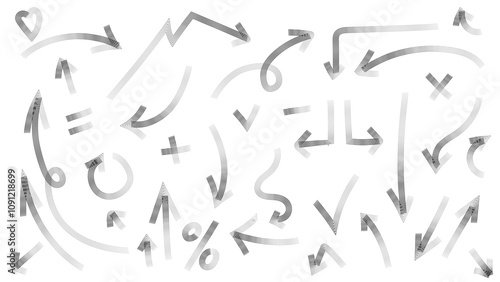 Arrows set. Business Plan Infographics Arrows Showing Growth, Ups and Downs. Indicators of the way, the movement. Graphics Illustration Signs. Flat Hand Drawn Comic Doodle Cursors. Black Icon Bolts. 