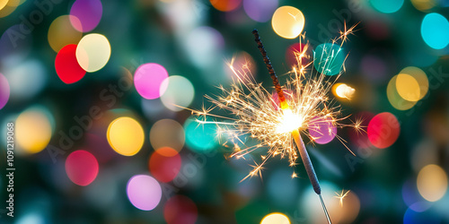 Merry Christmas, glittering burning sparkler with blurred bokeh Christmas tree lights background, New Year count down or birthday party celebration. photo