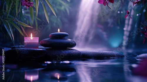 Serene waterfall scene with stones and lit candles. photo