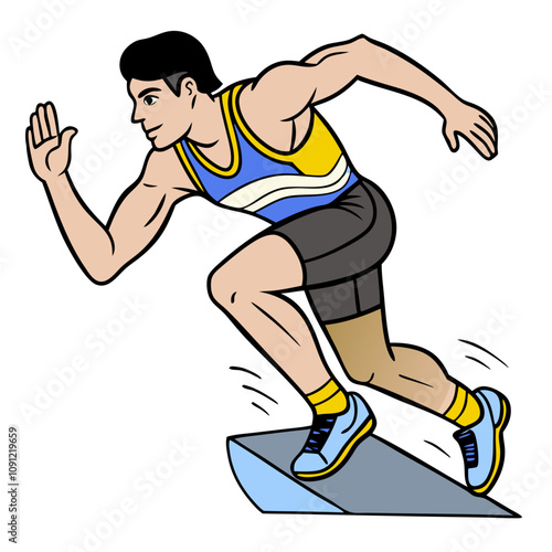 Runner's Determination: A stylized illustration of a male athlete sprinting, showcasing powerful leg muscles and dynamic motion.  Perfect for sports, fitness, and competition themes.