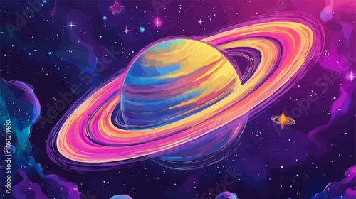 Cartoon retro planet in 70s or 80s hippie groovy art, vector symbol. Cartoon space Saturn planet with psychedelic lava flow and galaxy stars shine in 70s or 80s retro hippie style for funky sticker