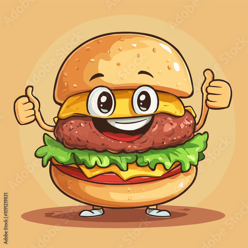 Retro groovy fast food burger character. Isolated cartoon vector retro tasty beefburger fastfood personage with a beef and lettuce, showing thumbs-up with a wide smile, exudes cool funky 60s 70s vibe