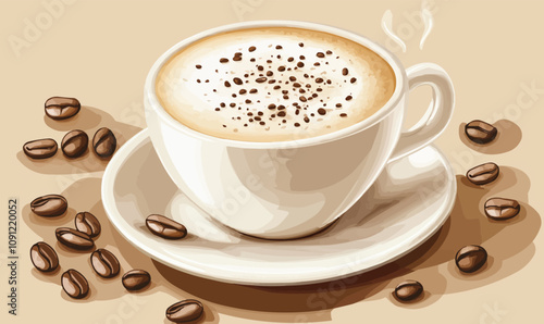 Cup of coffee with frothy milk art, isolated and surrounded by coffee beans. Vector illustration.