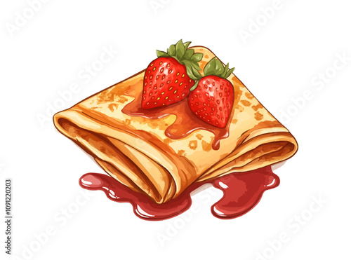 Cartoon crepe, folded French pancake drizzled with strawberry sauce, featuring golden-brown texture. Isolated vector delicious baked dessert, cafe or restaurant menu, sweet food. Fresh breakfast meal